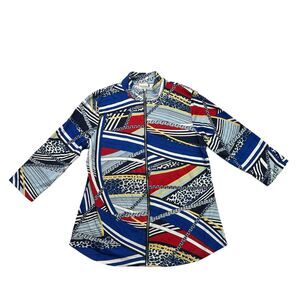 CHICOS Shirt Womens 1 Medium M Weekends Blue Red Striped Full Zip 3/4 Sleeve